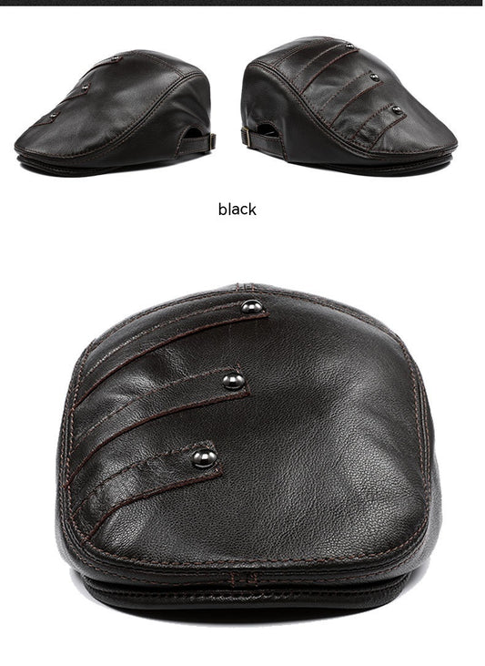 Autumn And Winter Genuine Leather Men's Middle-aged And Elderly Duck Tongue Korean Workers Monochrome Beret - Urban Caps