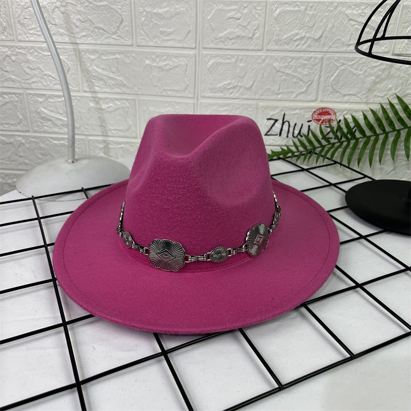Hat Silver Square Chain Top Hat Wide Brim Flat Edge Woolen Fedora Hat - Urban Caps