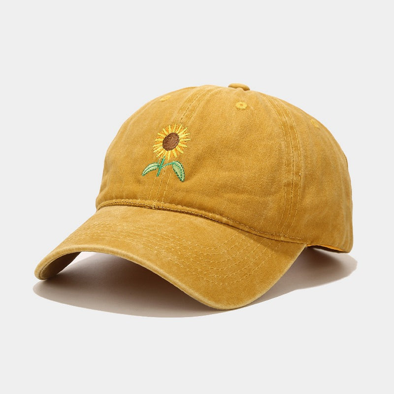 Washed-Out Vintage SUNFLOWER Embroidered Peaked Cap Outdoor Travel