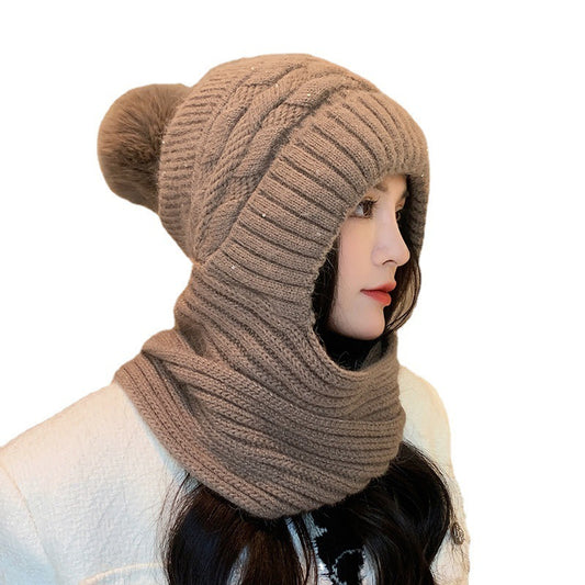 Women's  One-piece Hat With Scarf Warm Thickened Ears Protection  Woolen Cap - Urban Caps