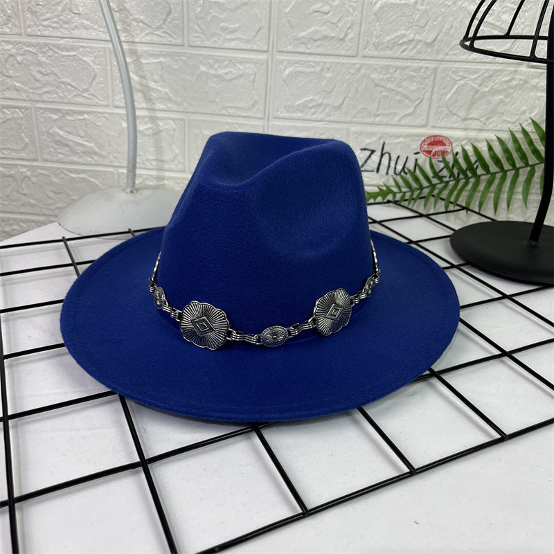 Hat Silver Square Chain Top Hat Wide Brim Flat Edge Woolen Fedora Hat - Urban Caps