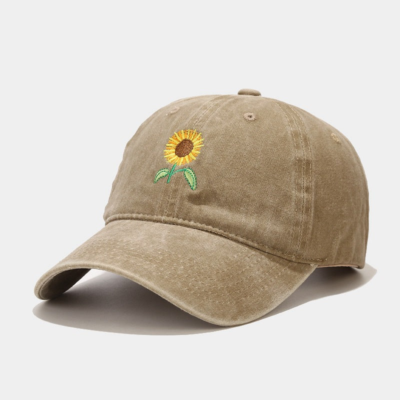 Washed-Out Vintage SUNFLOWER Embroidered Peaked Cap Outdoor Travel