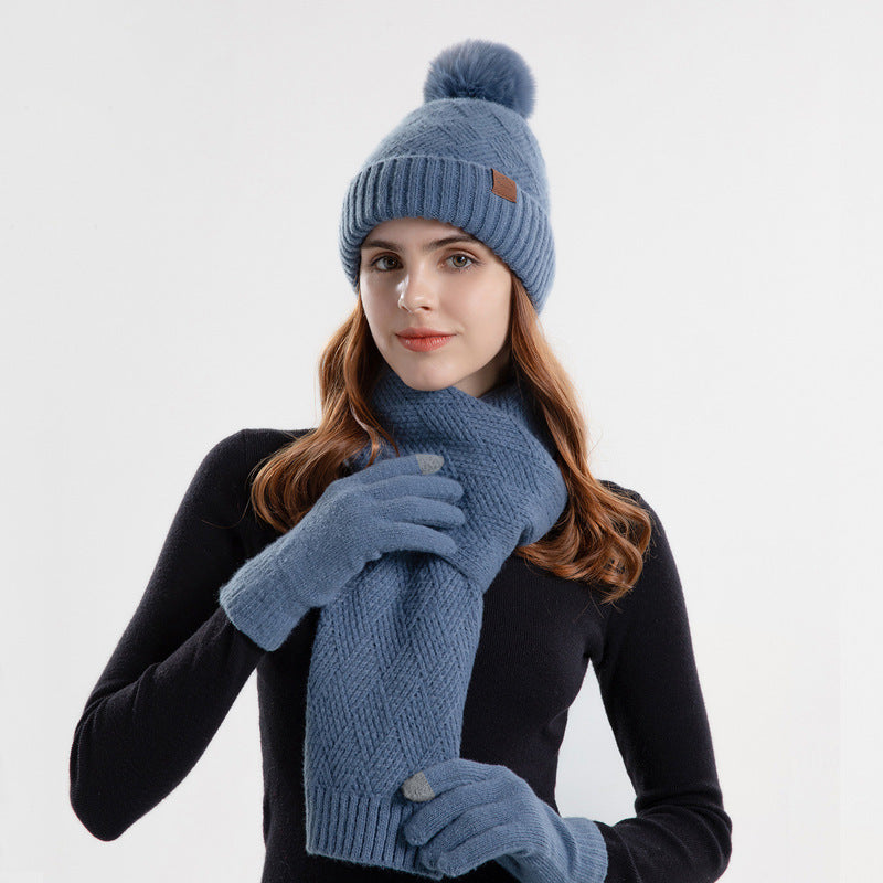 Knitted Woolen Cap Women's Warm Hat Scarf Gloves Three-piece Set - Urban Caps