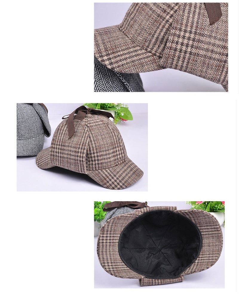 Vintage Plaid Double Brim Baseball Caps for Men and Women Autumn and Winter Ear Protection Double Brim Sunshade