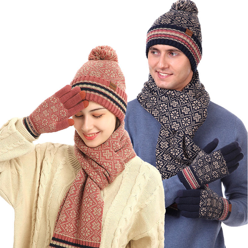 Three-piece Winter New Knitted Warm Woolen Hat Scarf And Gloves - Urban Caps