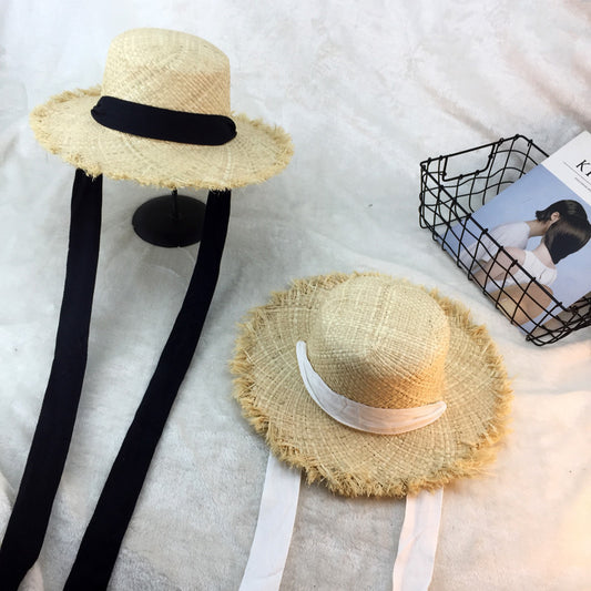 Flat-top raffia large-edge burred cotton ribbons with sunshade and sunscreen straw hat vacation beach hat tide - Urban Caps