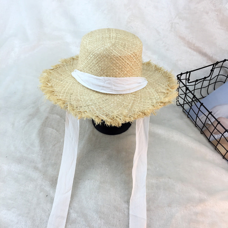 Flat-top raffia large-edge burred cotton ribbons with sunshade and sunscreen straw hat vacation beach hat tide - Urban Caps