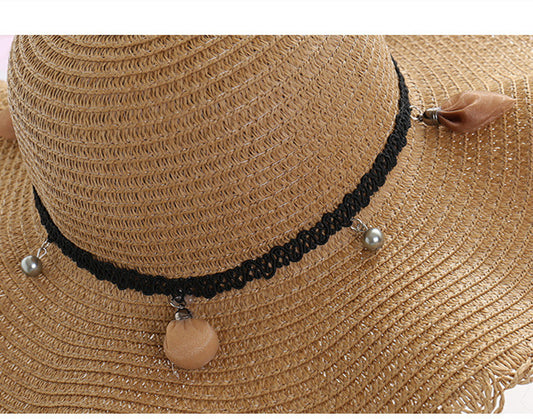 A Sunscreen Han Edition Big Beach Hat Wavy Skirt Together Leather Rope Weaving - Urban Caps