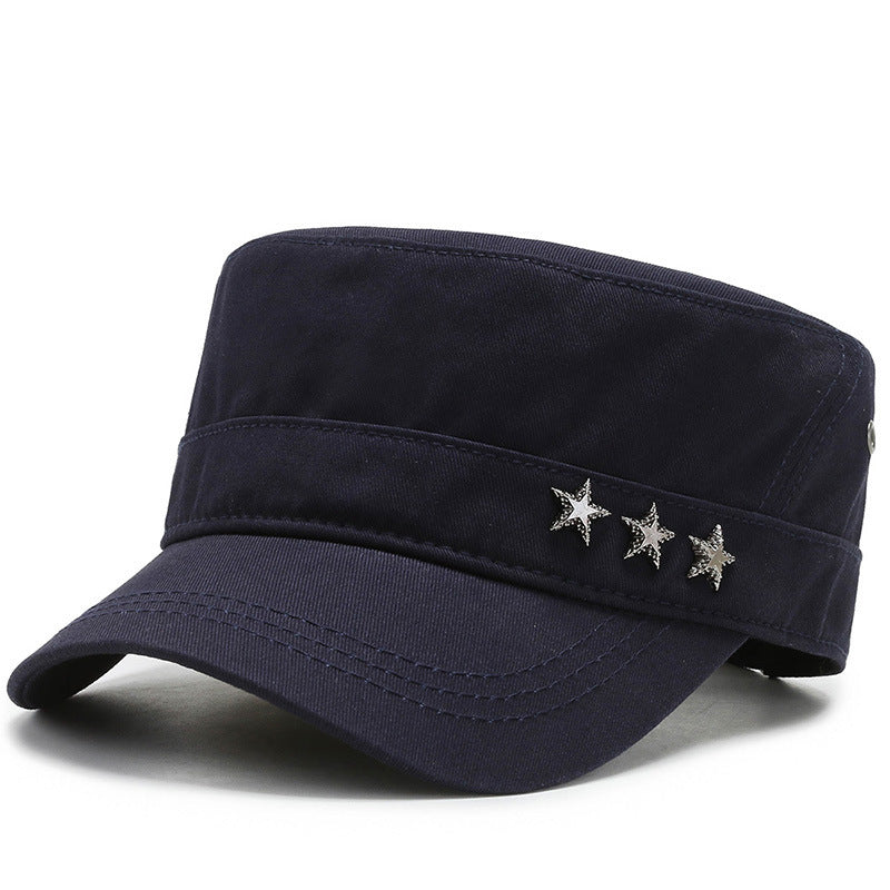 Cotton Flat Top Military Cap – Rivet Five-Star Peaked Hat | Adjustable Fit - Urban Caps