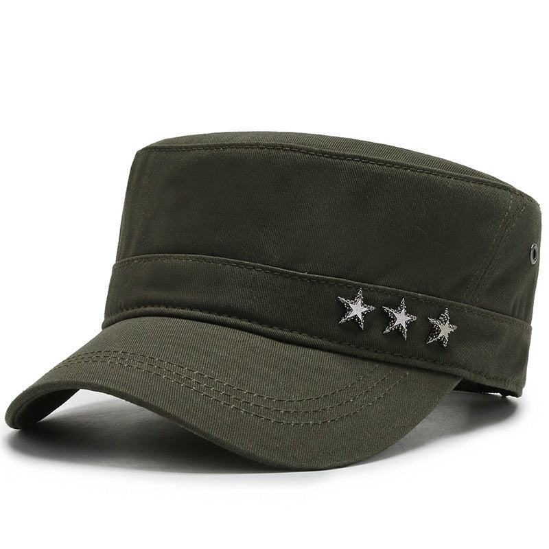 Cotton Flat Top Military Cap – Rivet Five-Star Peaked Hat | Adjustable Fit - Urban Caps