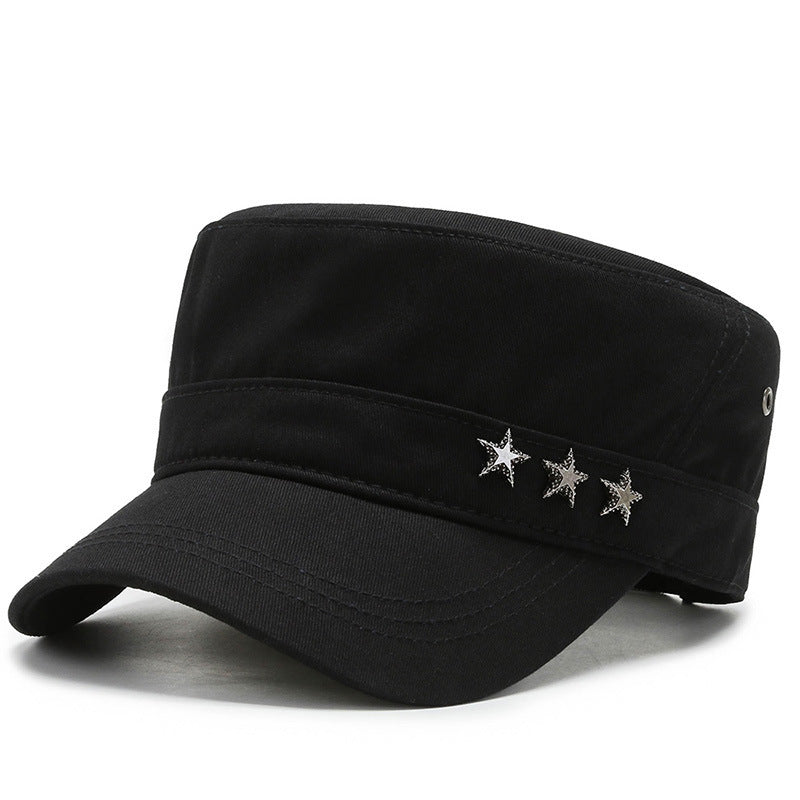 Cotton Flat Top Military Cap – Rivet Five-Star Peaked Hat | Adjustable Fit - Urban Caps