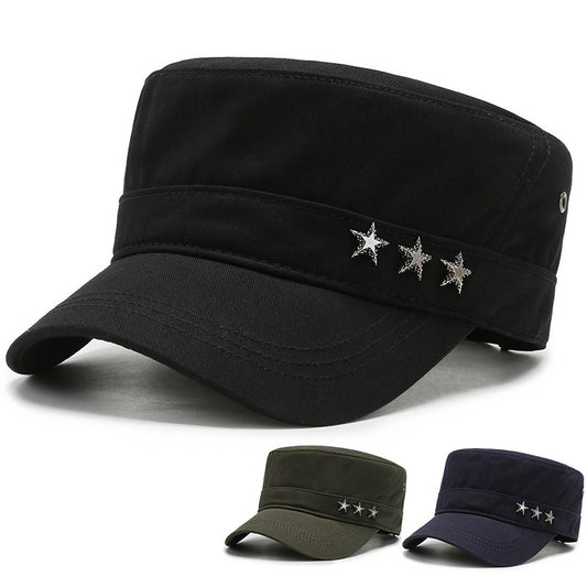 Cotton Flat Top Military Cap – Rivet Five-Star Peaked Hat | Adjustable Fit - Urban Caps