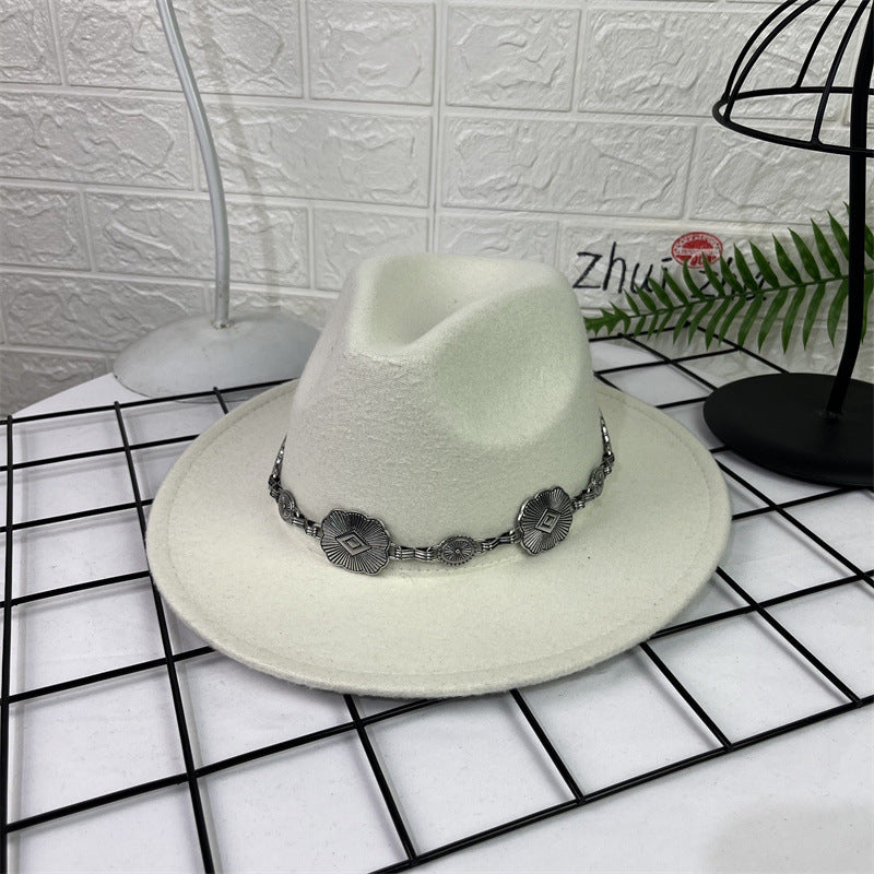 Hat Silver Square Chain Top Hat Wide Brim Flat Edge Woolen Fedora Hat - Urban Caps