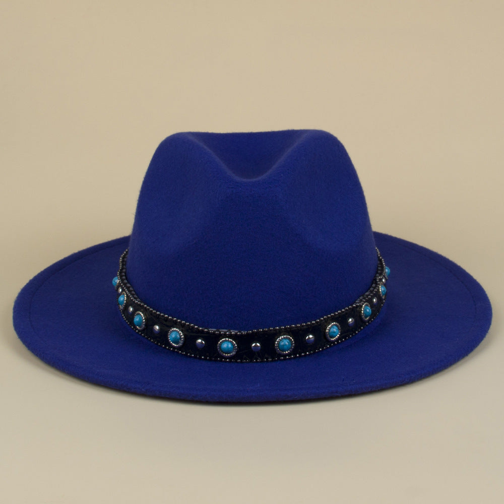 Bohemian Style Woven Leather Belt Denim Fur Felt Hat - Urban Caps