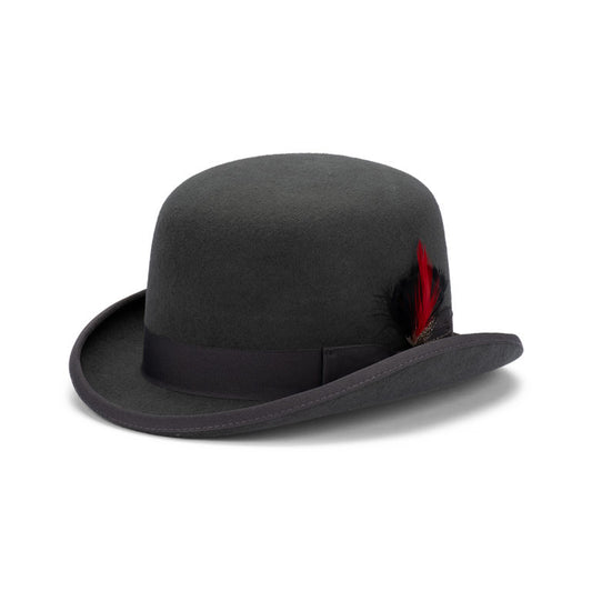 Charlie Derby Hat – Australian Wool Felt, Satin Lined with Grosgrain Band and Feather