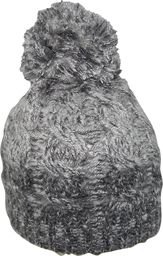 Acrylic Pattern Knit Beanie with Chunky Pom – Two-Tone Cable Design
