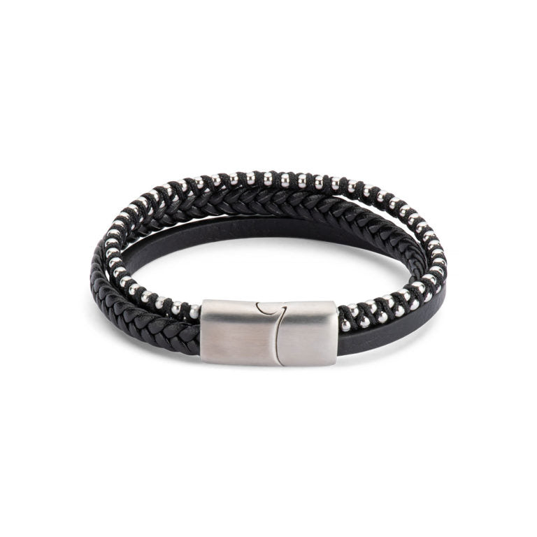 Men’s Leather and Stainless Steel Bracelet – Magnetic Clasp with Flinders Etching