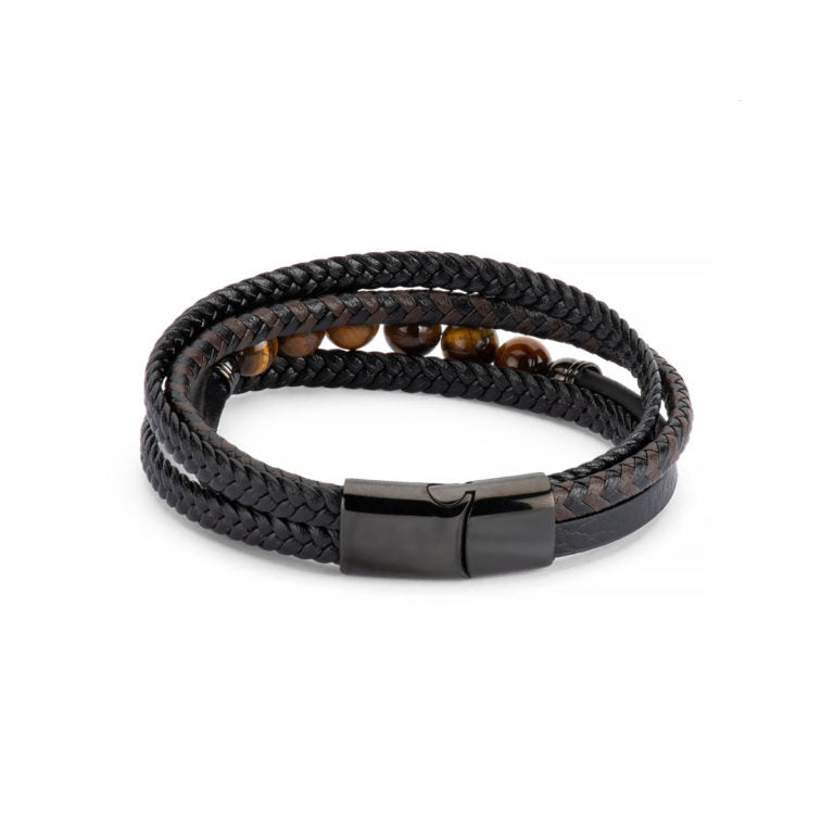 Men’s Leather and Stainless Steel Bracelet – Magnetic Clasp with Flinders Etching
