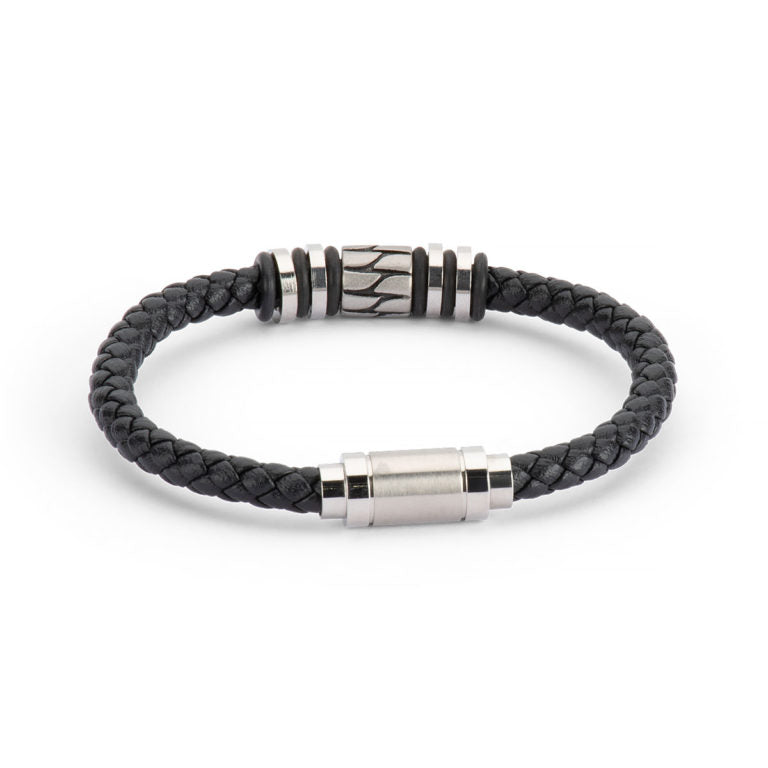 Men’s Leather and Stainless Steel Bracelet – Magnetic Clasp with Flinders Etching