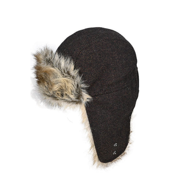 Morgan Wool Blend Herringbone Flying Cap with Faux Fur Lining
