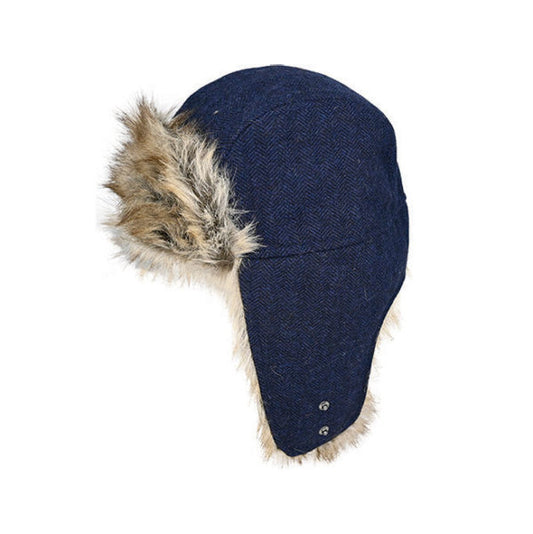 Morgan Wool Blend Herringbone Flying Cap with Faux Fur Lining
