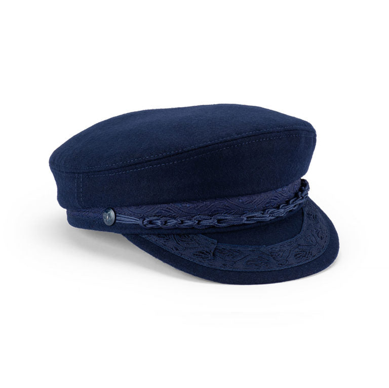 Wool Greek Fisherman’s Cap with Satin Lining and Braided Trim