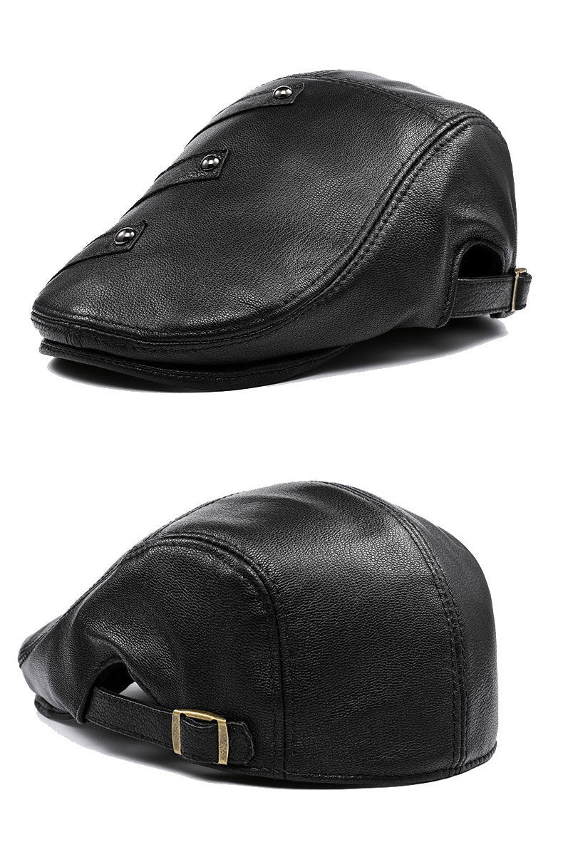 Autumn And Winter Genuine Leather Men's Middle-aged And Elderly Duck Tongue Korean Workers Monochrome Beret - Urban Caps