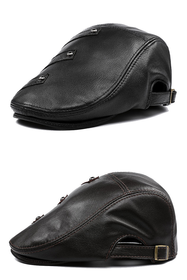 Autumn And Winter Genuine Leather Men's Middle-aged And Elderly Duck Tongue Korean Workers Monochrome Beret - Urban Caps