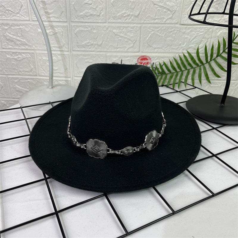 Hat Silver Square Chain Top Hat Wide Brim Flat Edge Woolen Fedora Hat - Urban Caps