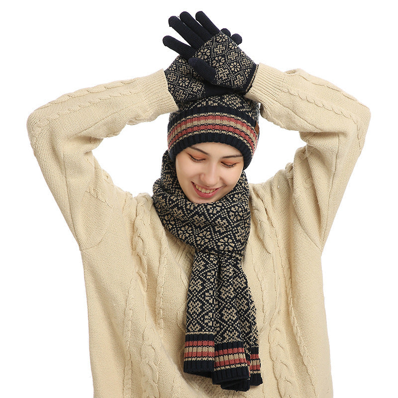 Three-piece Winter New Knitted Warm Woolen Hat Scarf And Gloves - Urban Caps
