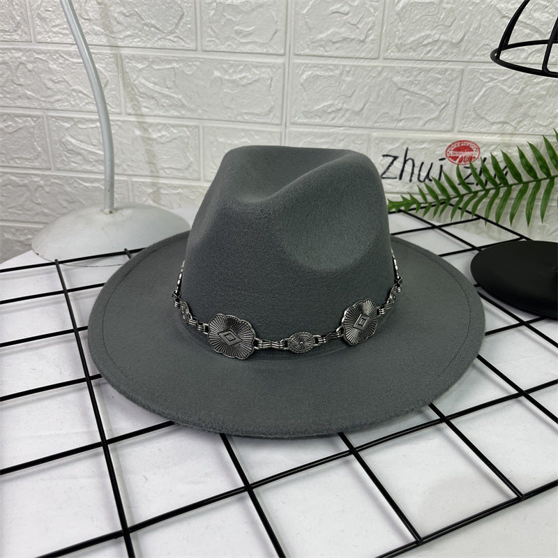 Hat Silver Square Chain Top Hat Wide Brim Flat Edge Woolen Fedora Hat - Urban Caps