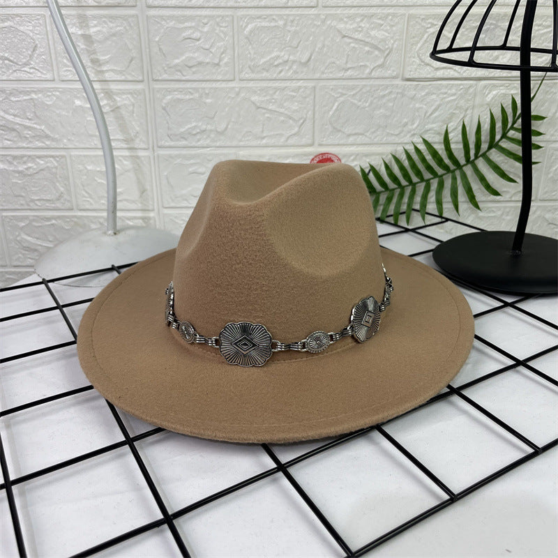 Hat Silver Square Chain Top Hat Wide Brim Flat Edge Woolen Fedora Hat - Urban Caps