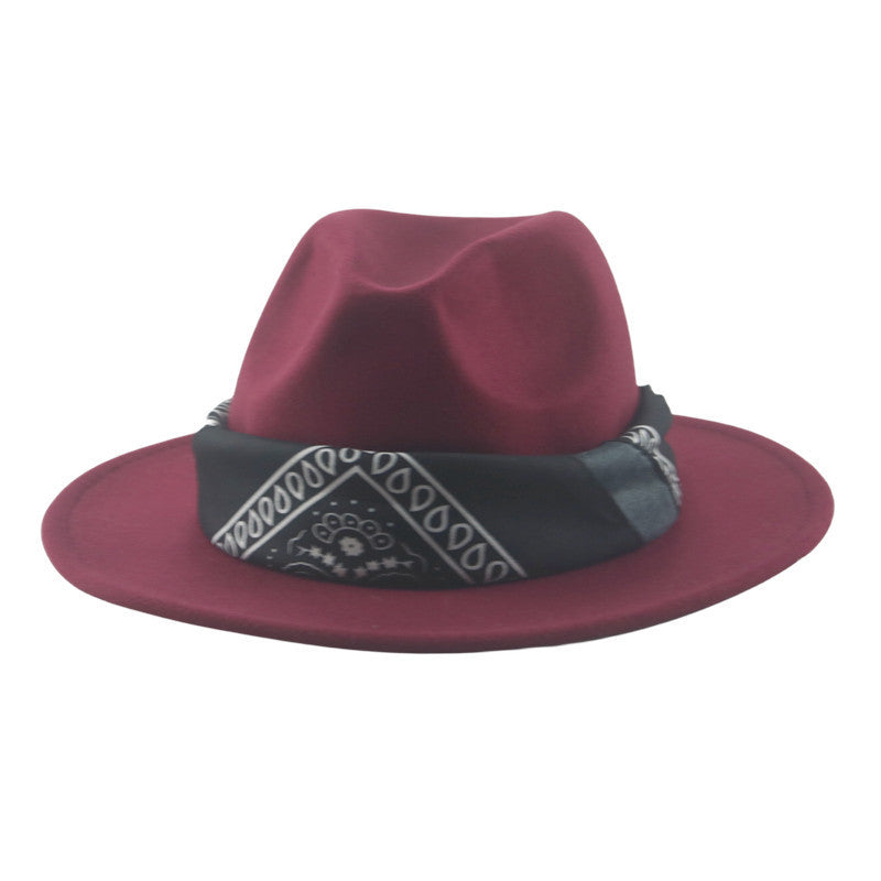 Paisley Ribbon Wide Brim Woolen Top Hat Felt Cowboy Hat - Urban Caps