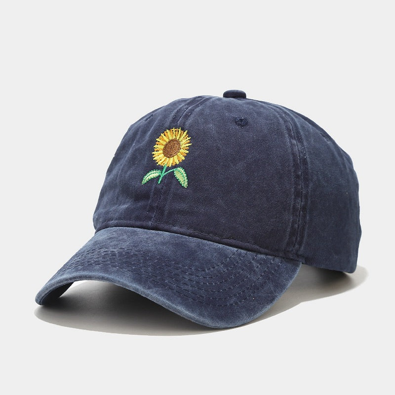 Washed-Out Vintage SUNFLOWER Embroidered Peaked Cap Outdoor Travel