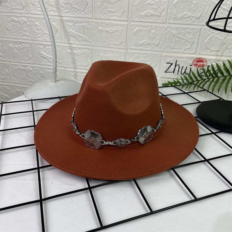 Hat Silver Square Chain Top Hat Wide Brim Flat Edge Woolen Fedora Hat - Urban Caps