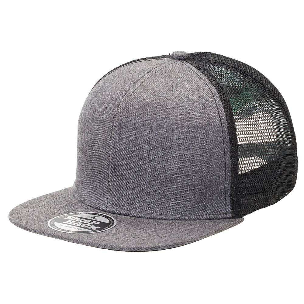 Heathered Flat Peak Trucker Cap – Structured 6-Panel, Breathable Mesh, Adjustable Snapback - Urban Caps