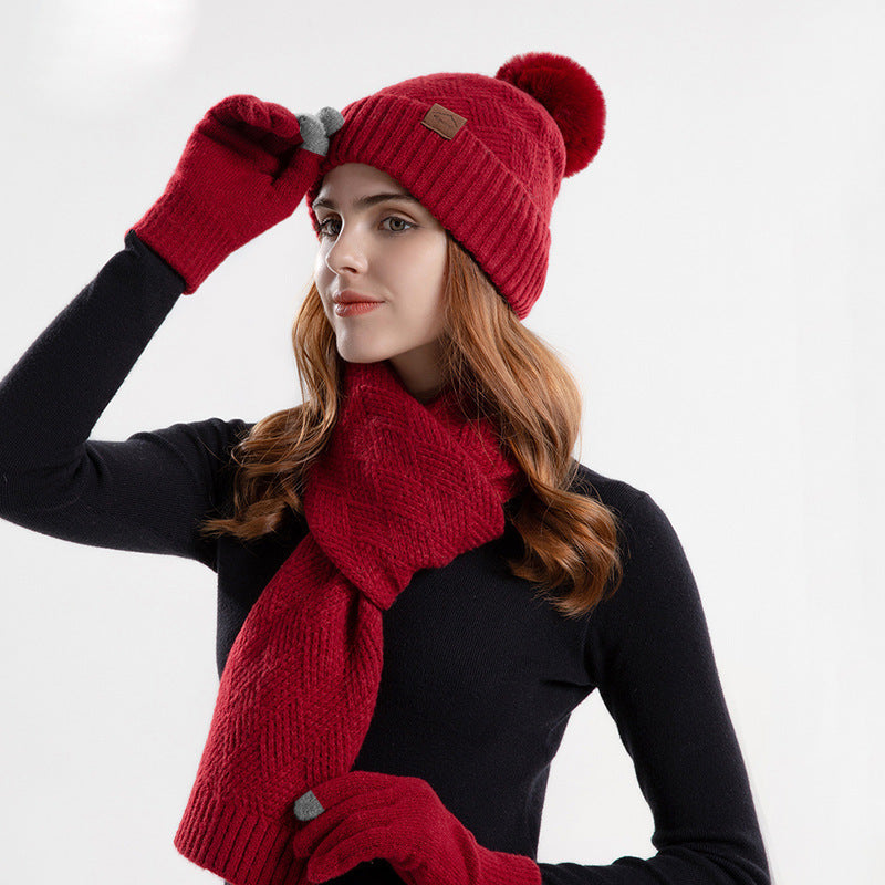 Knitted Woolen Cap Women's Warm Hat Scarf Gloves Three-piece Set - Urban Caps