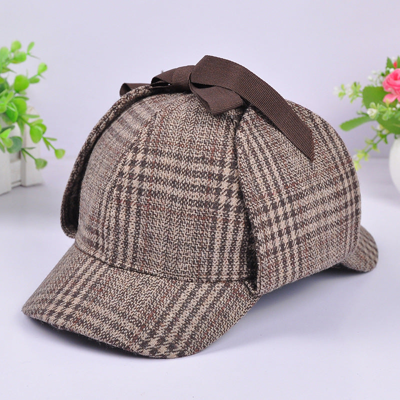 Vintage Plaid Double Brim Baseball Caps for Men and Women Autumn and Winter Ear Protection Double Brim Sunshade