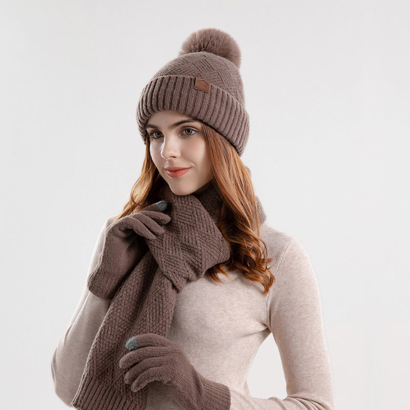 Knitted Woolen Cap Women's Warm Hat Scarf Gloves Three-piece Set - Urban Caps
