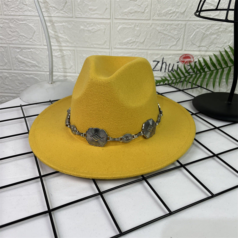 Hat Silver Square Chain Top Hat Wide Brim Flat Edge Woolen Fedora Hat - Urban Caps