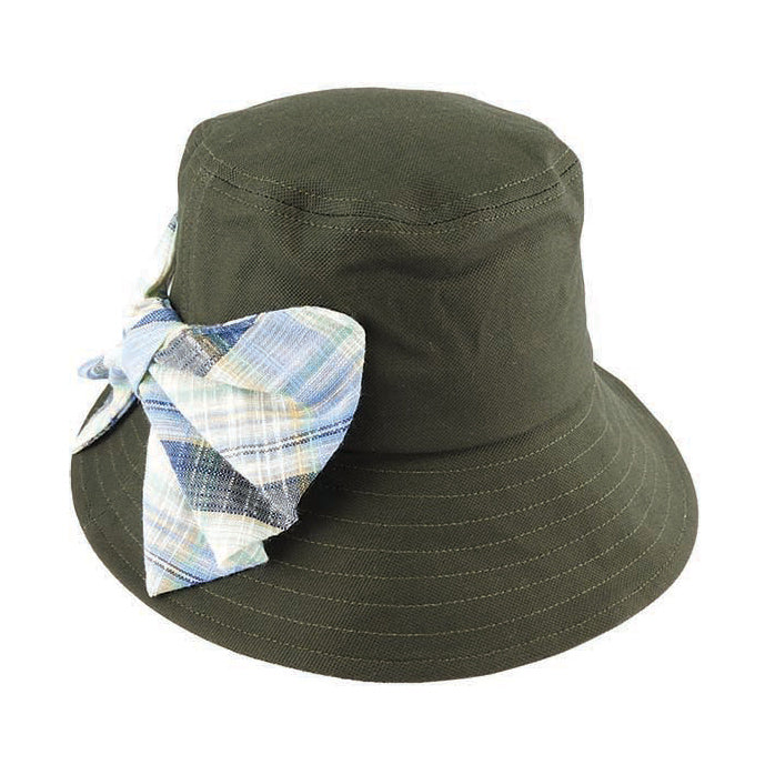 Cotton Bucket Hat with Check Pattern Side Bow and Brim Underside