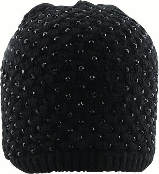 Stone-Embellished Acrylic Knit Beanie with Block Pattern