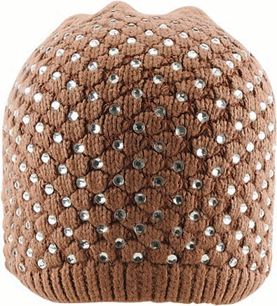 Stone-Embellished Acrylic Knit Beanie with Block Pattern