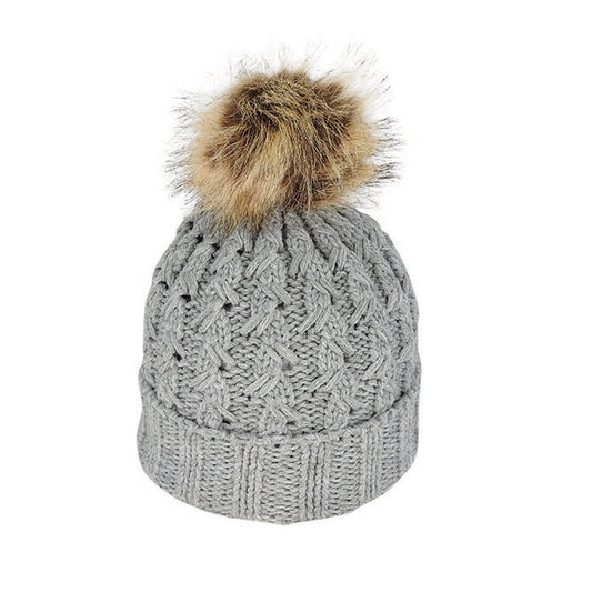 Women’s Chunky Cable Knit Beanie with Faux Fur Pom – 100% Acrylic Winter Hat