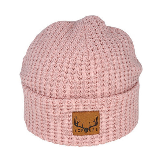 Georgie – Acrylic Waffle Knit Beanie with Suede Explore Patch