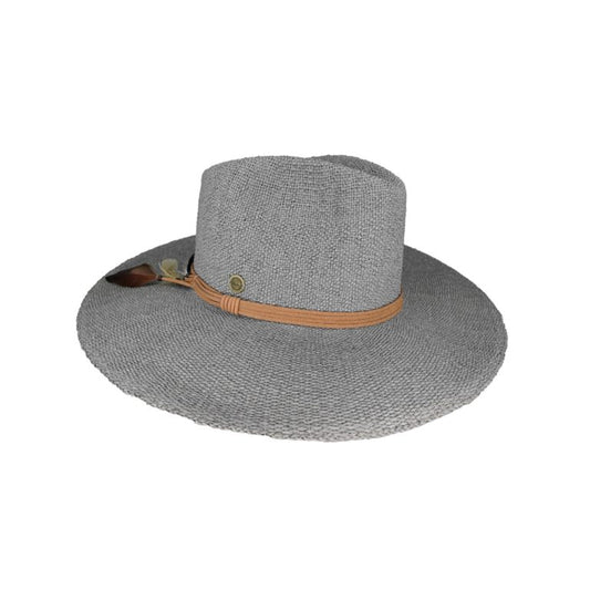 Allegra Woven Natural Fibre Wide Brim Fedora Hat with Suede and Feather Band