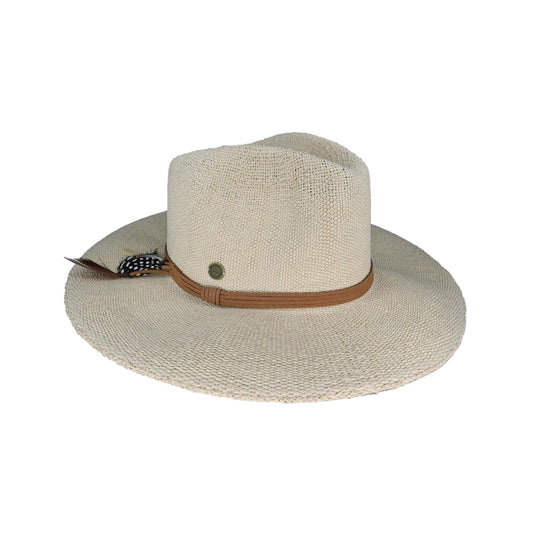 Allegra Woven Natural Fibre Wide Brim Fedora Hat with Suede and Feather Band