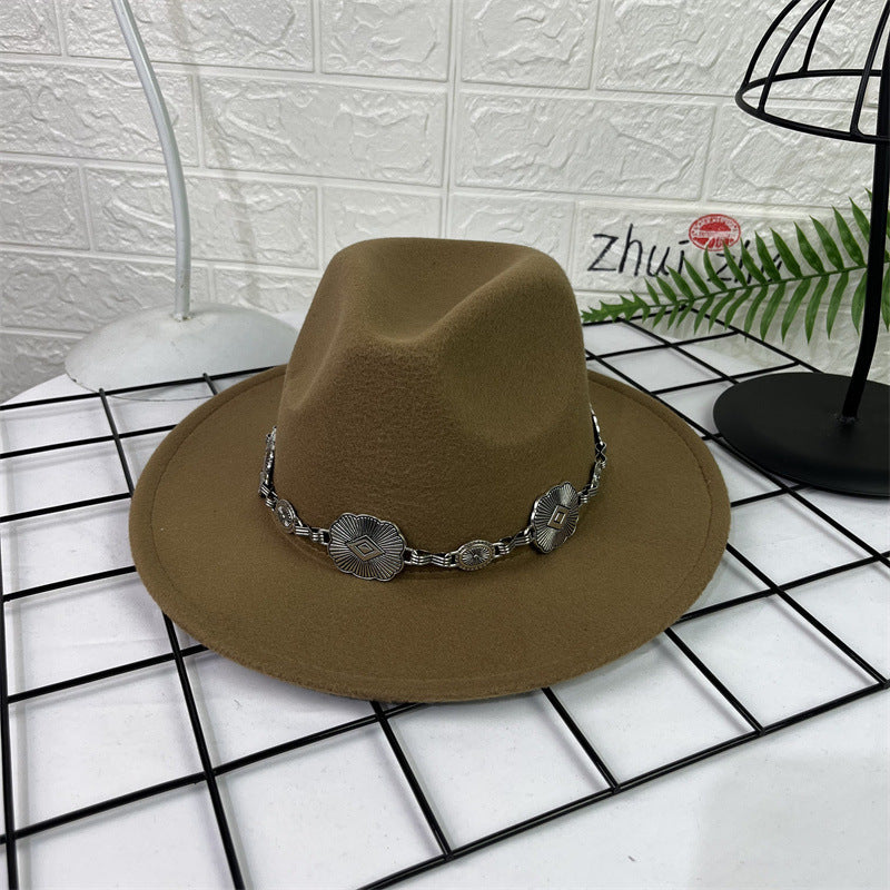 Hat Silver Square Chain Top Hat Wide Brim Flat Edge Woolen Fedora Hat - Urban Caps