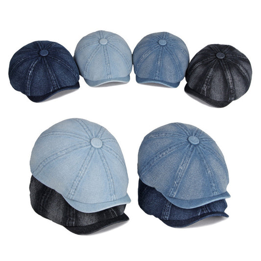 Spring And Autumn Washed Denim Octagonal Beret - Urban Caps