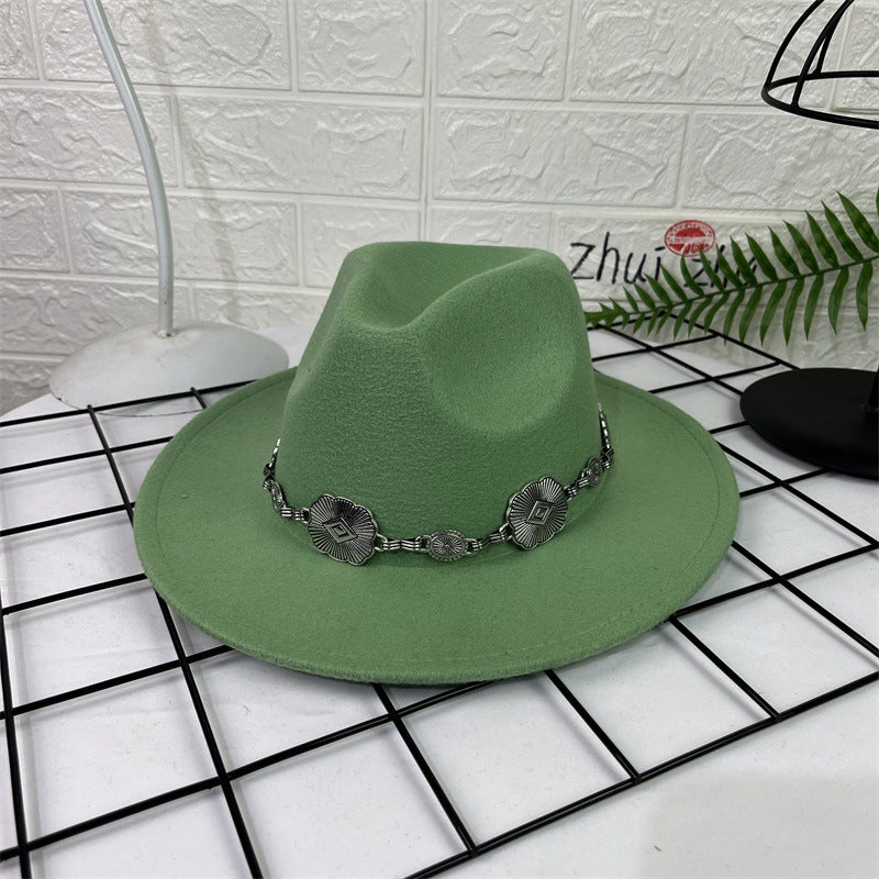Hat Silver Square Chain Top Hat Wide Brim Flat Edge Woolen Fedora Hat - Urban Caps